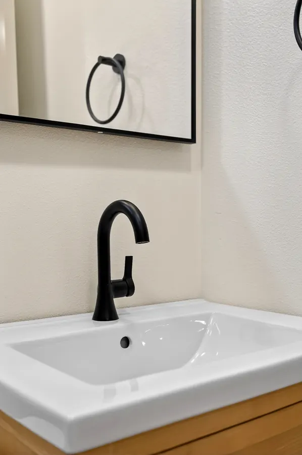 Powder room sink with black faucet