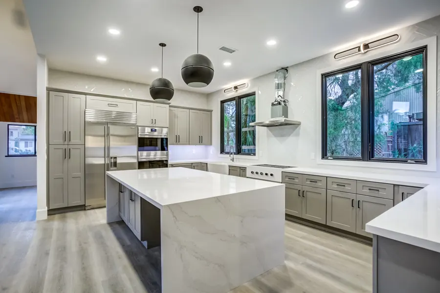 Mission Hills 1 remodel: kitchen with waterfall quartz island