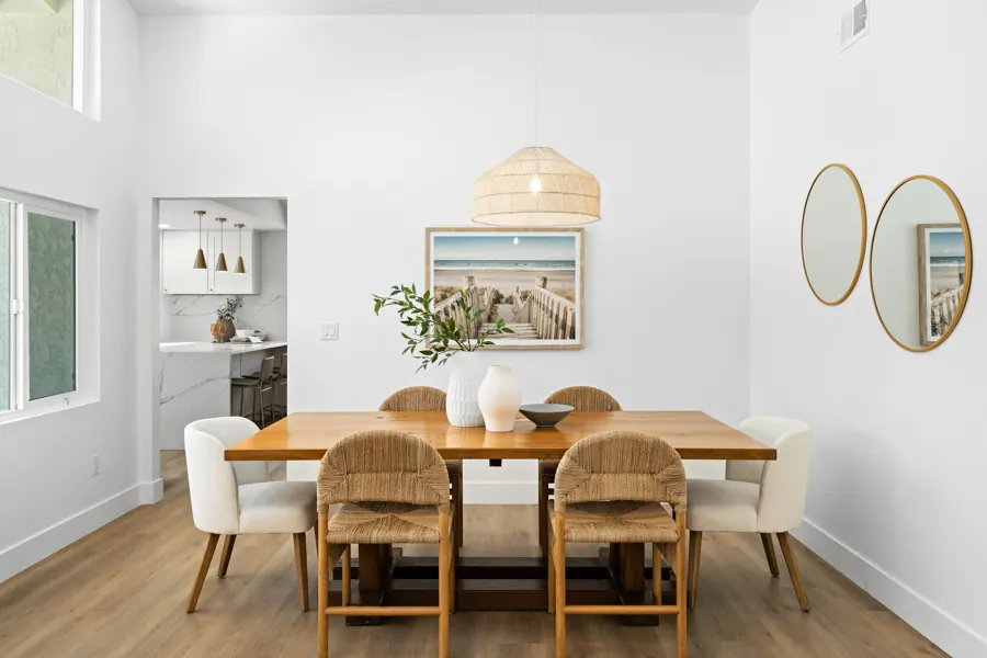 Dining room with woven pendant